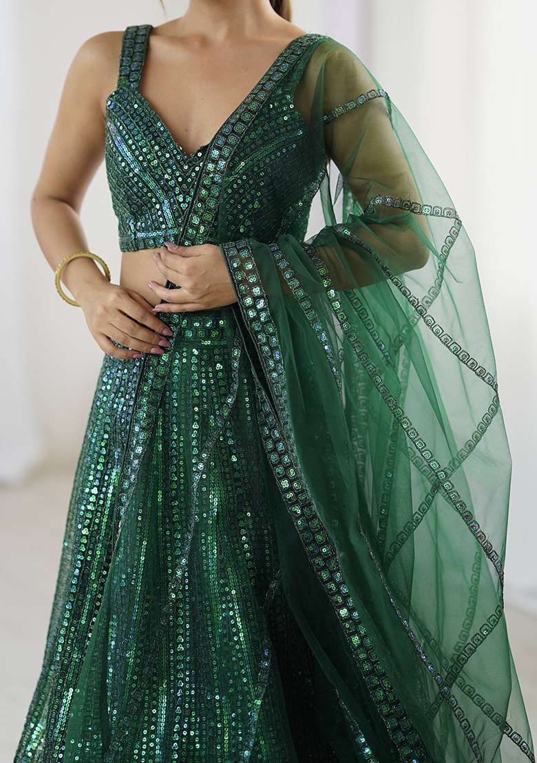 Green Sequence Work Net Lehenga Set for Diwali and Festive Wear - Indya