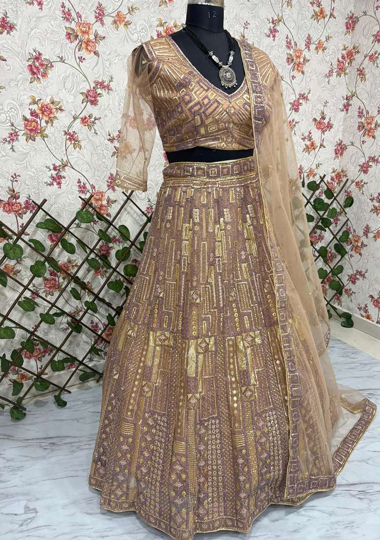 Lavender Embroidery Net Lehenga Set for Diwali and Festive Wear - Indya