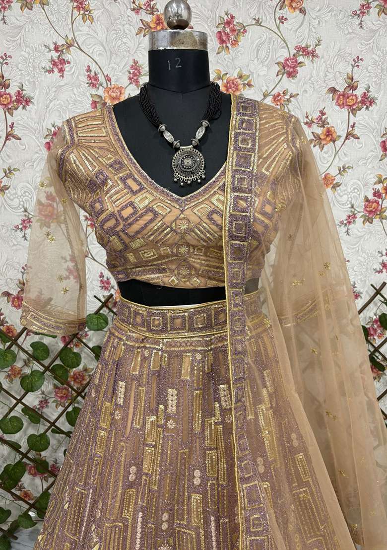 Lavender Embroidery Net Lehenga Set for Diwali and Festive Wear - Indya