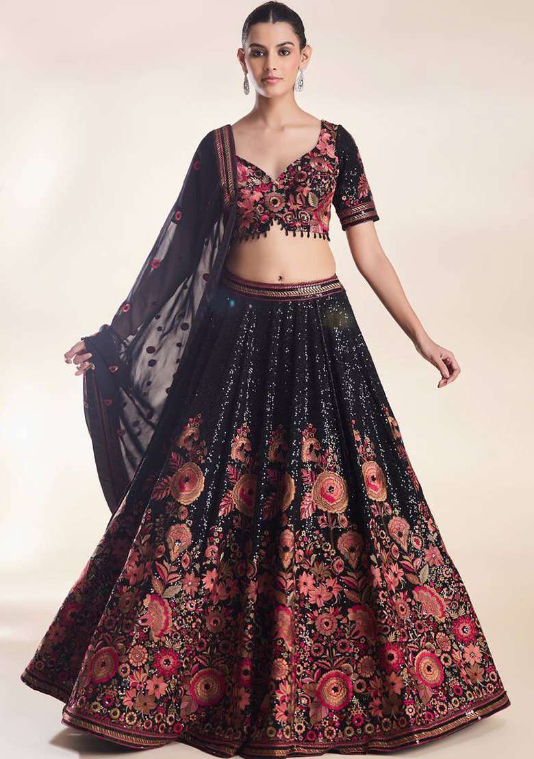 Black Embroidery Georgette Lehenga Set for Diwali and Festive Wear - Indya
