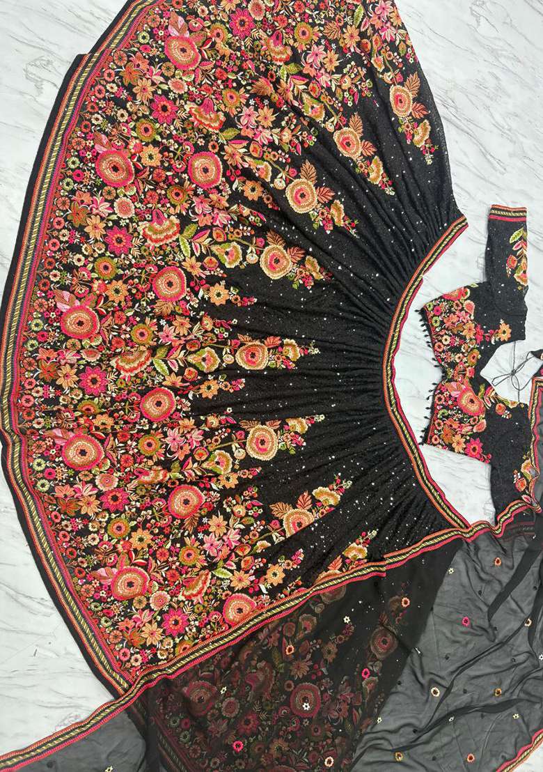 Black Embroidery Georgette Lehenga Set for Diwali and Festive Wear - Indya