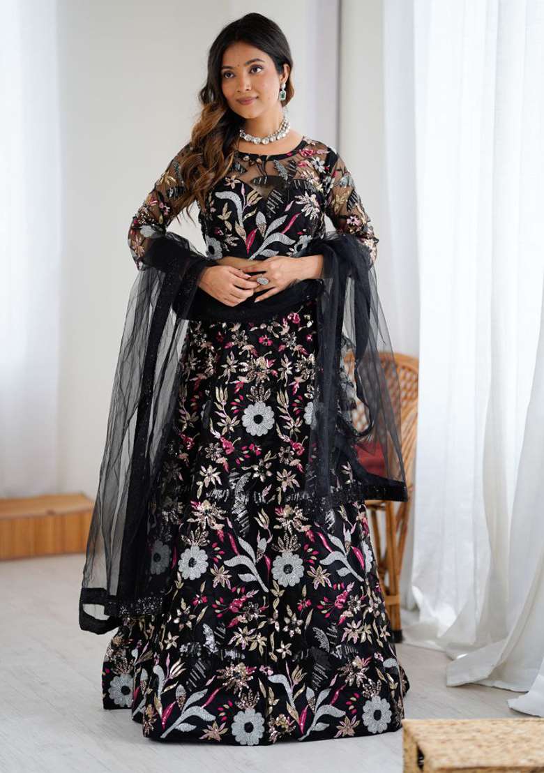 Black Net Lehenga Set with Embroidery for Diwali | Wedding & Festive Wear - Indya