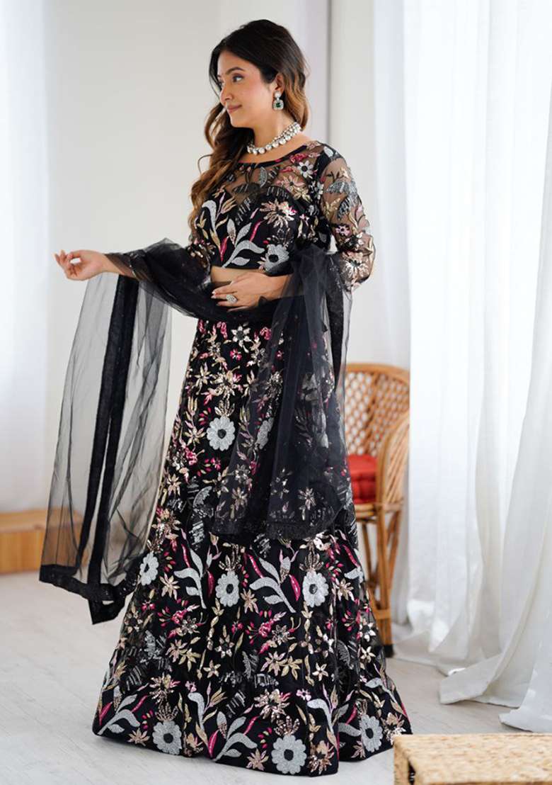 Black Net Lehenga Set with Embroidery for Diwali | Wedding & Festive Wear - Indya