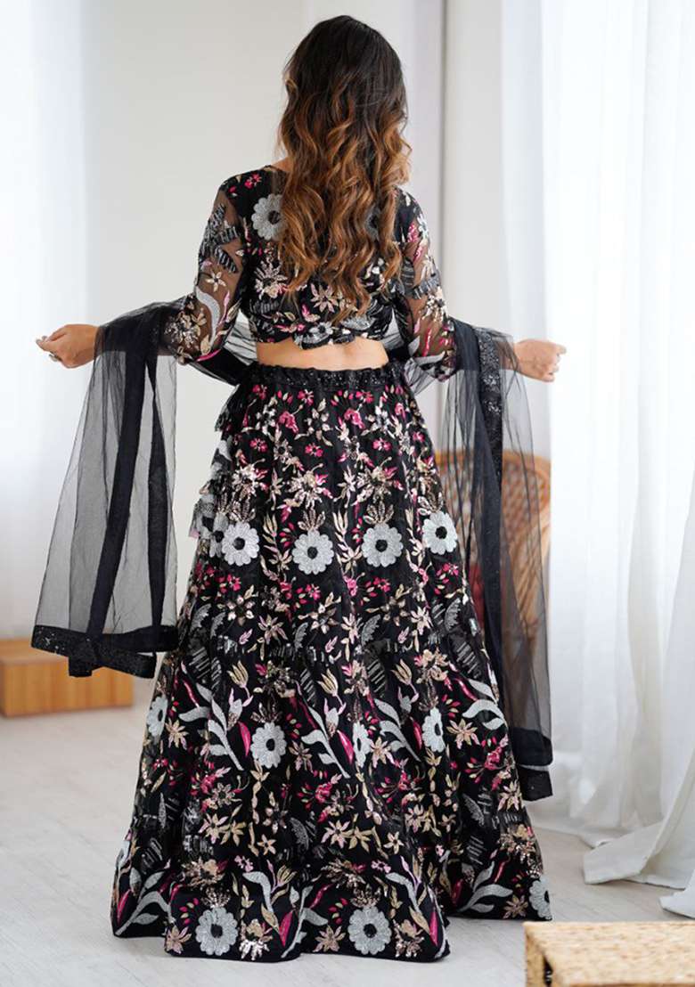 Black Net Lehenga Set with Embroidery for Diwali | Wedding & Festive Wear - Indya