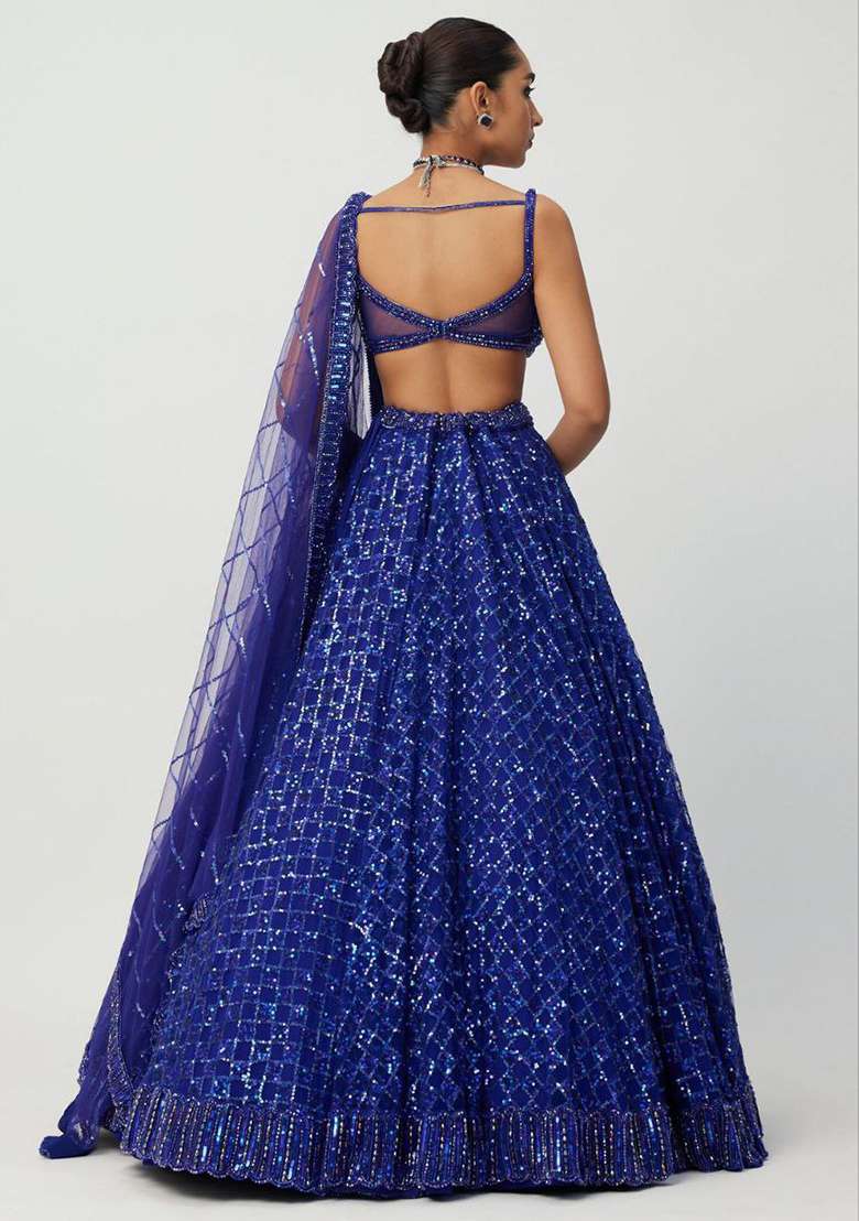 Blue Sequence Work Net Lehenga Set for Diwali | Wedding & Festive Wear - Indya