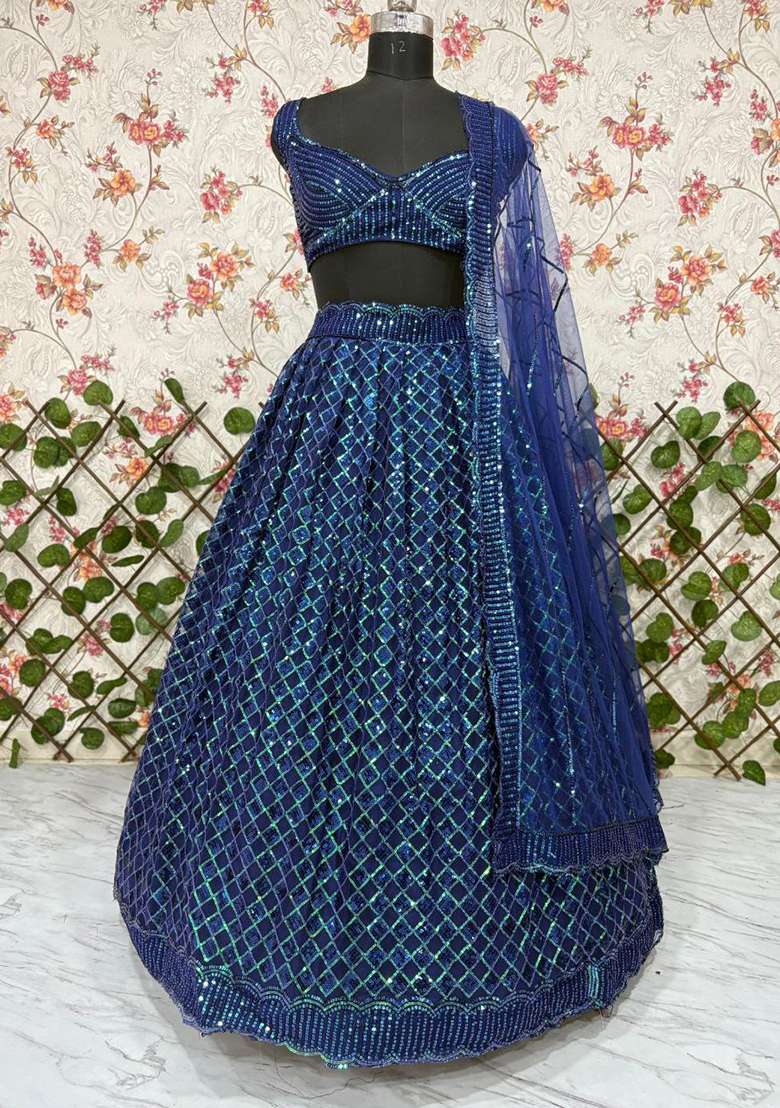 Blue Sequence Work Net Lehenga Set for Diwali | Wedding & Festive Wear - Indya