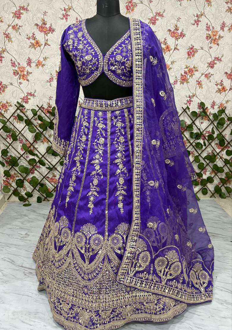 Blue Embroidery Silk Blend Lehenga Set for Diwali and Festive Wear - Indya