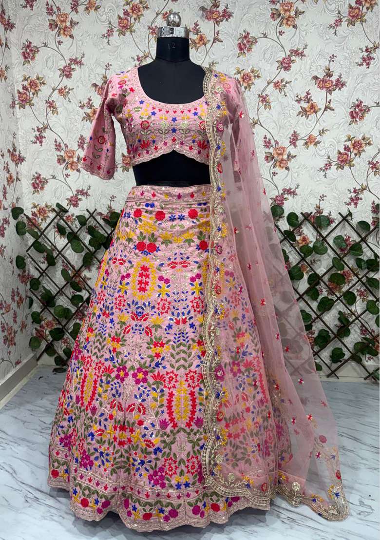 Pink Georgette Lehenga Set with Embroidery for Diwali | Wedding & Festive Wear - Indya