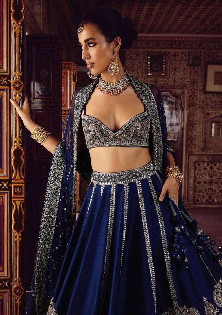 Blue Embroidery Silk Blend Lehenga Set for Diwali and Festive Wear - Indya