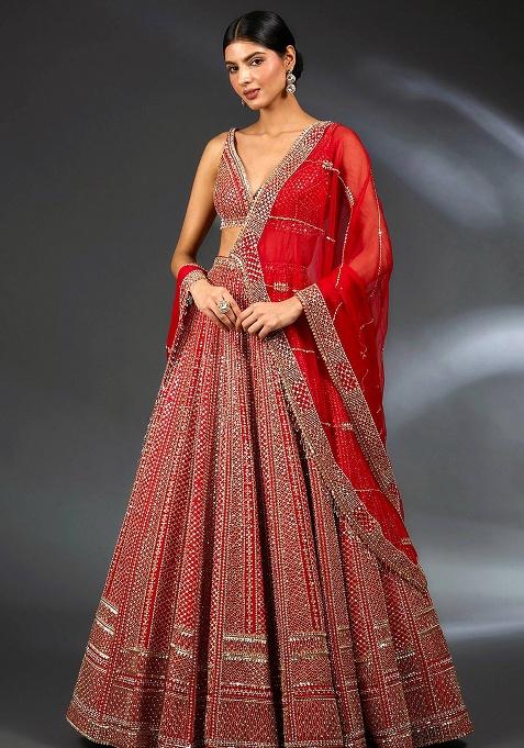 Red Sequence Work Malai Satin Lehenga Set