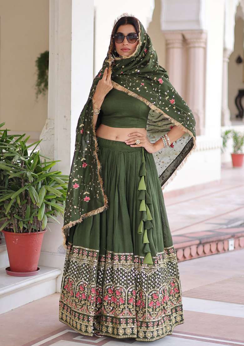 Green Embroidery Silk Lehenga Set - Indya