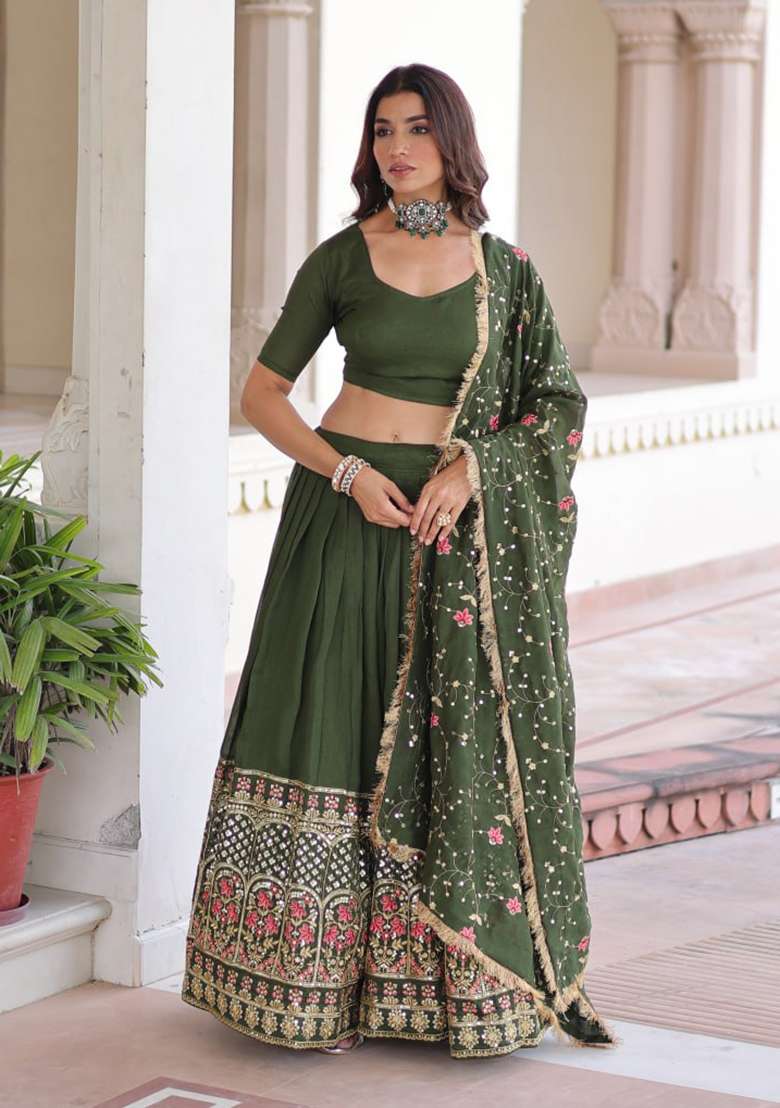 Green Embroidery Silk Lehenga Set - Indya