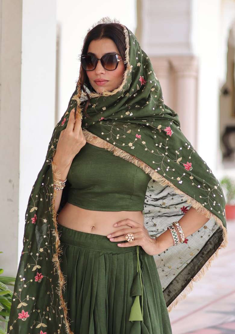 Green Embroidery Silk Lehenga Set - Indya