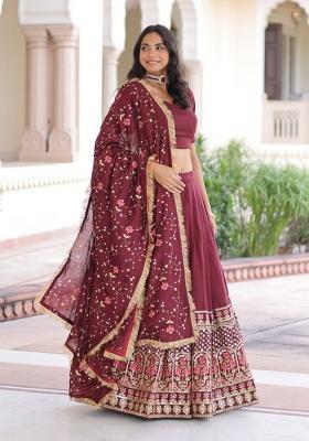 Rust Embroidery Silk Lehenga Set