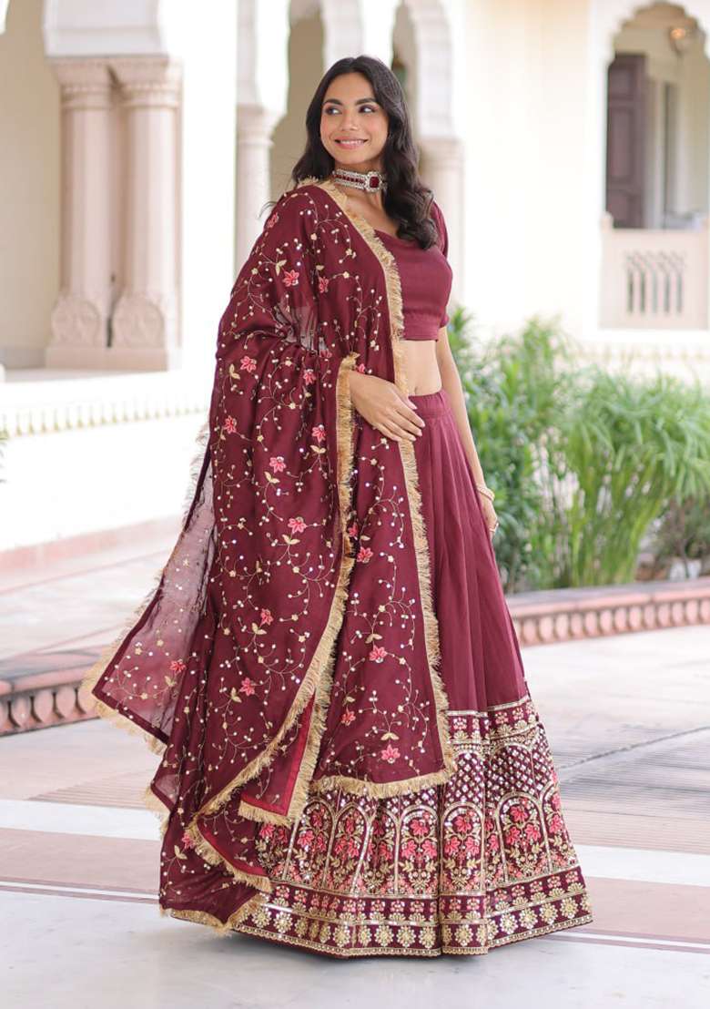 Rust Embroidery Silk Lehenga Set - Indya