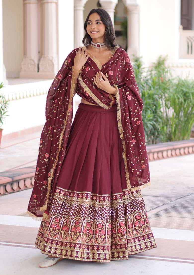 Rust Embroidery Silk Lehenga Set - Indya