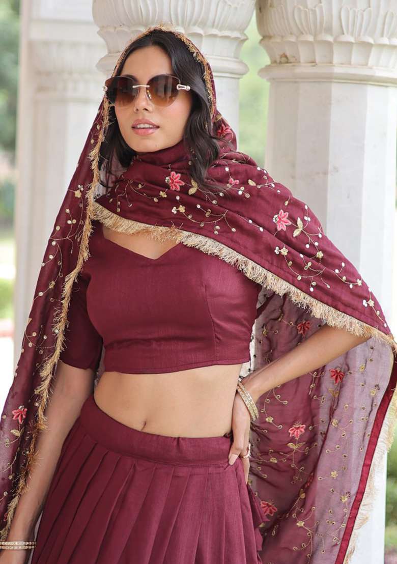 Rust Embroidery Silk Lehenga Set - Indya