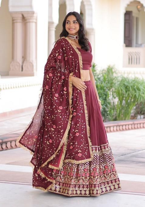 Rust Embroidery Silk Lehenga Set