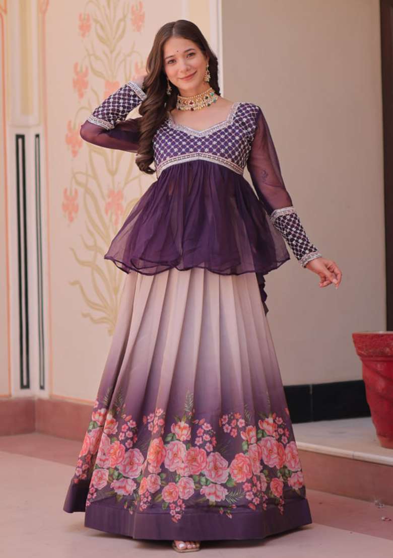 Purple Printed Cosmos Lehenga Set - Indya