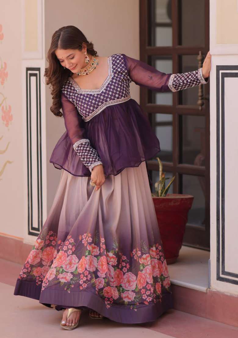 Purple Printed Cosmos Lehenga Set - Indya