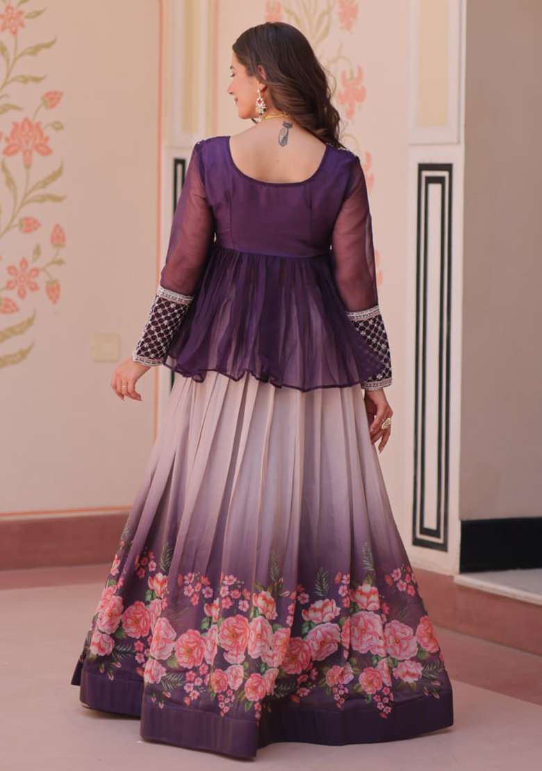 Purple Printed Cosmos Lehenga Set - Indya