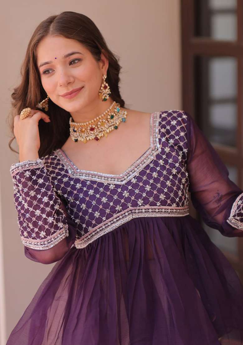 Purple Printed Cosmos Lehenga Set - Indya