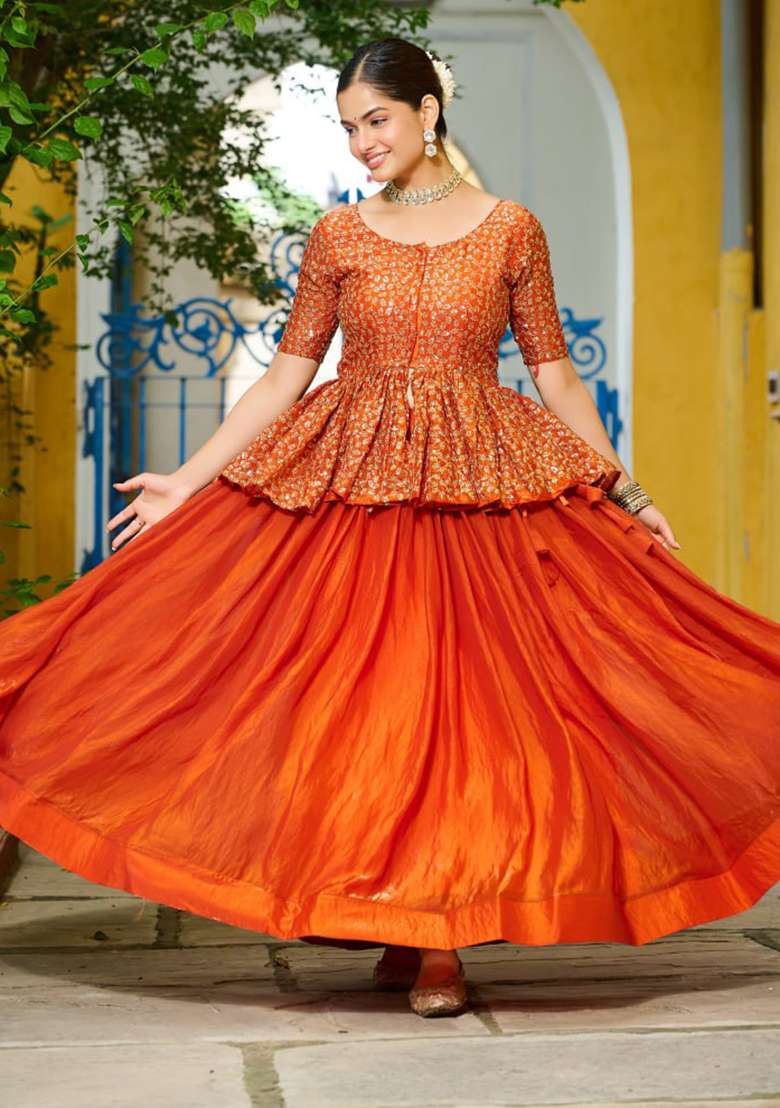 Orange Fendy Lehenga Set with Embroidery for Diwali | Wedding & Festive Wear - Indya
