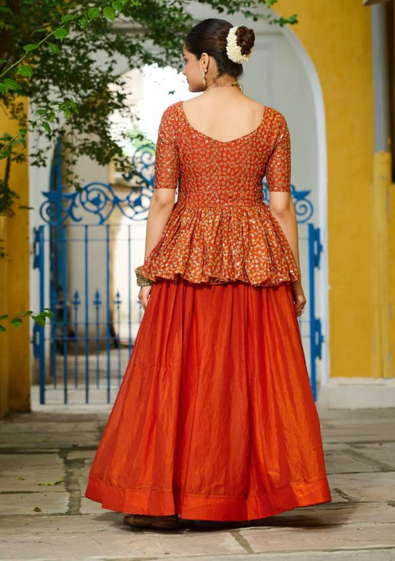Orange Fendy Lehenga Set with Embroidery for Diwali | Wedding & Festive Wear - Indya