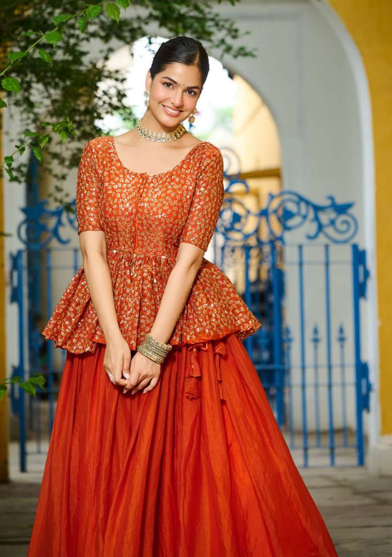 Orange Fendy Lehenga Set with Embroidery for Diwali | Wedding & Festive Wear - Indya