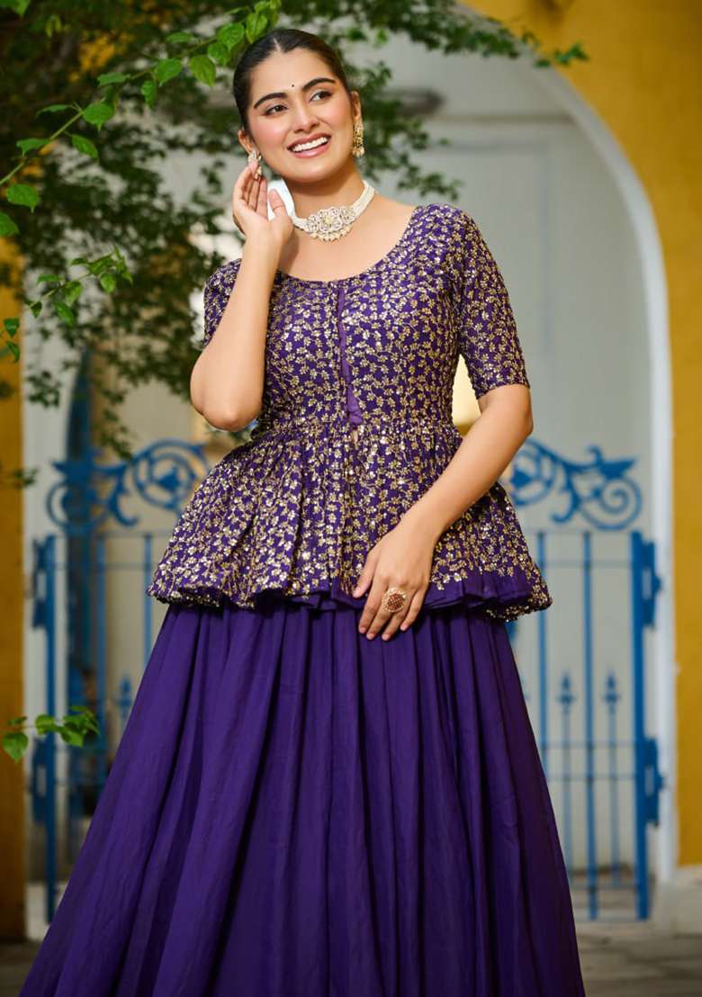 Purple Fendy Lehenga Set with Embroidery for Diwali | Wedding & Festive Wear - Indya