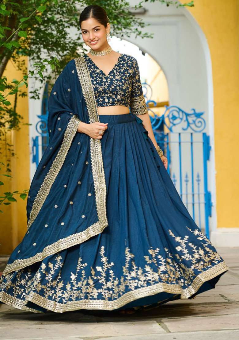 Blue Silk Blend Lehenga Set with Embroidery for Diwali | Wedding & Festive Wear - Indya