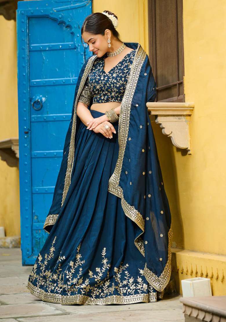 Blue Silk Blend Lehenga Set with Embroidery for Diwali | Wedding & Festive Wear - Indya