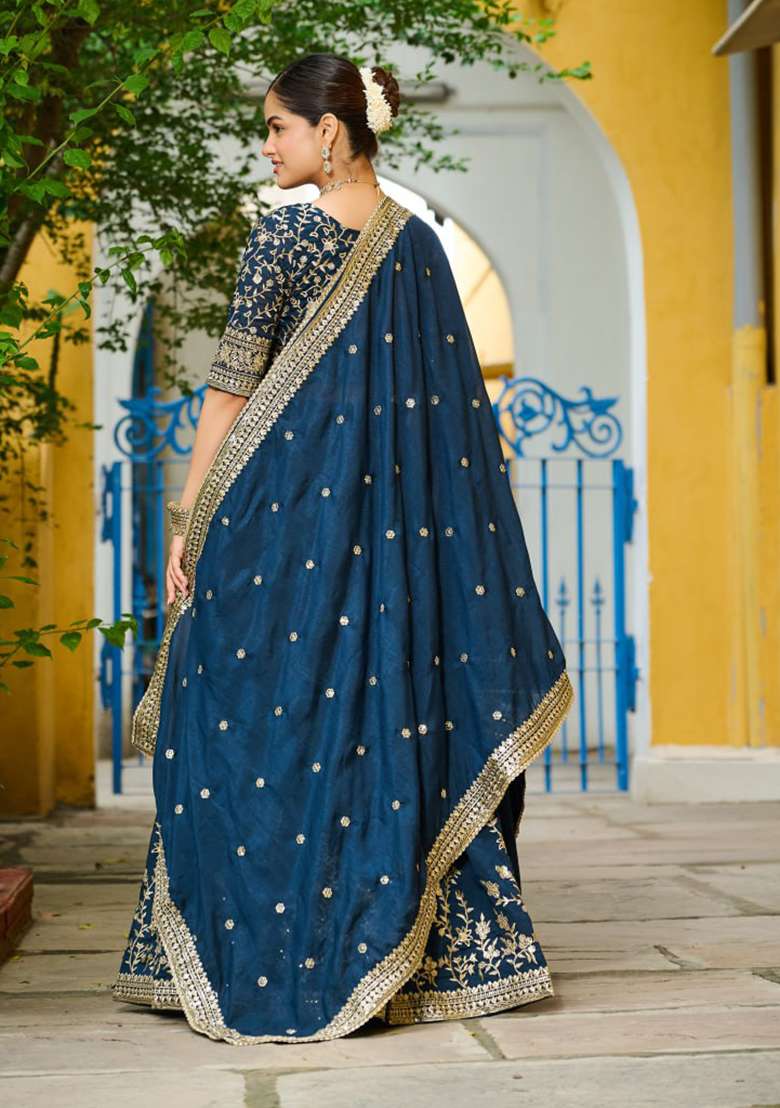Blue Silk Blend Lehenga Set with Embroidery for Diwali | Wedding & Festive Wear - Indya
