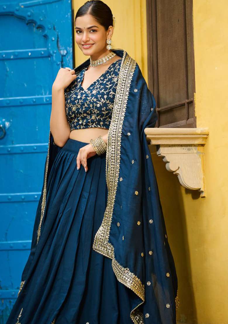Blue Silk Blend Lehenga Set with Embroidery for Diwali | Wedding & Festive Wear - Indya