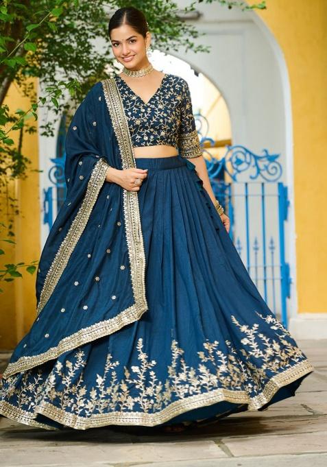 Blue Embroidery Silk Lehenga Set