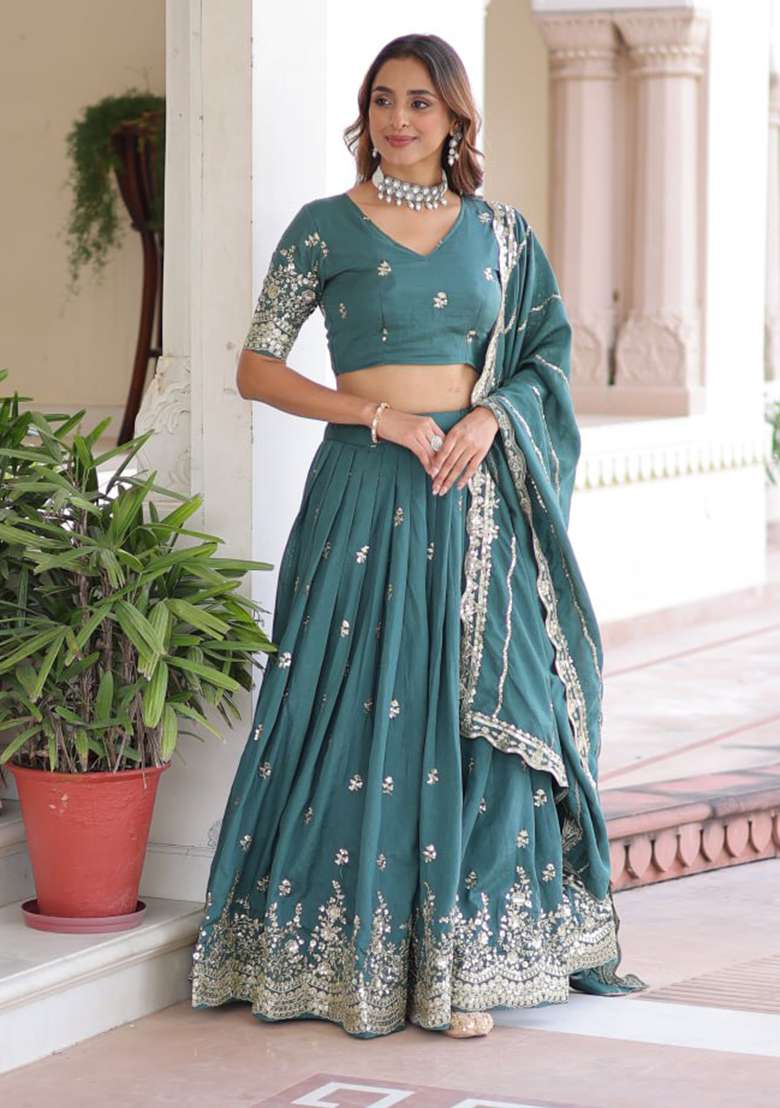 Sea Green Embroidery Silk Lehenga Set - Indya