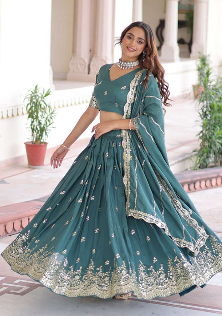 Sea Green Embroidery Silk Lehenga Set - Indya