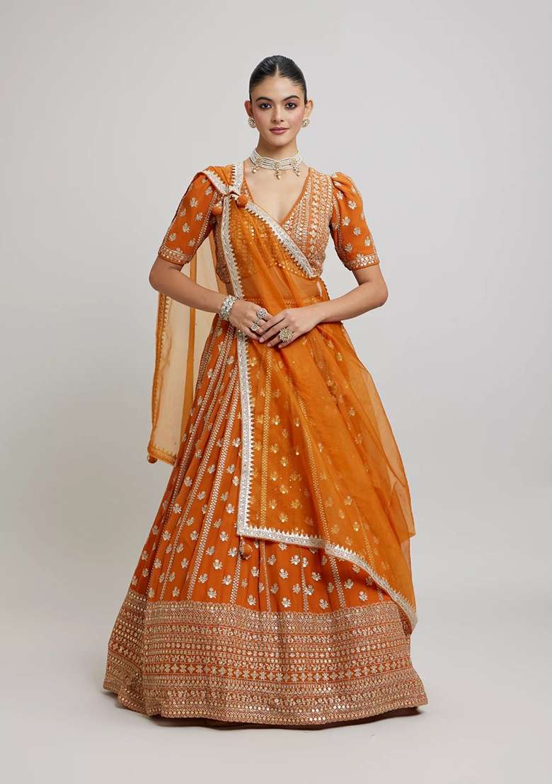 Orange Embroidery Georgette Lehenga Set for Diwali and Festive Wear - Indya