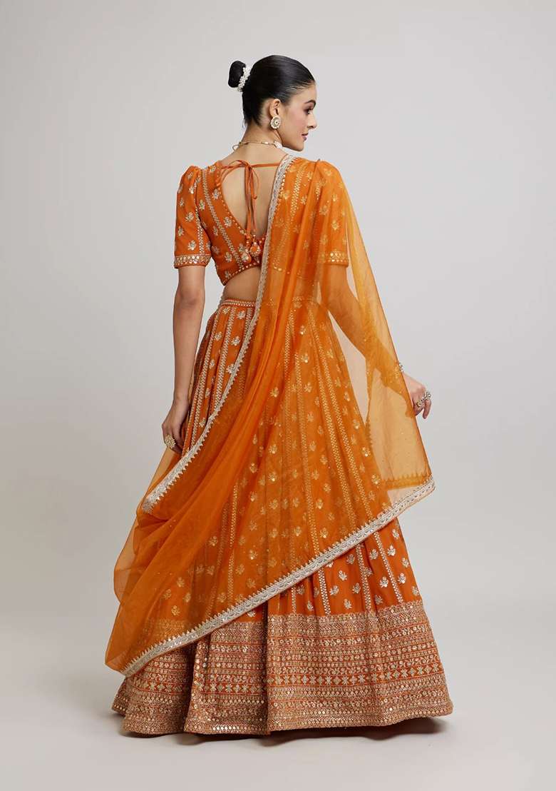 Orange Embroidery Georgette Lehenga Set for Diwali and Festive Wear - Indya