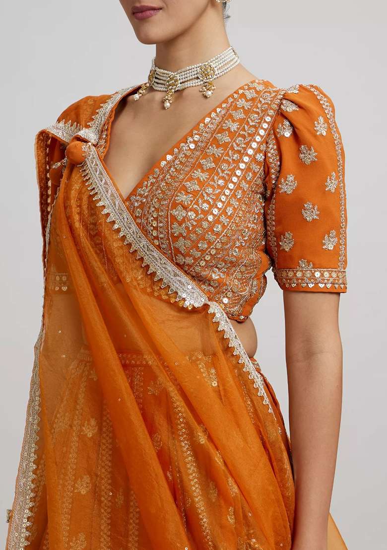 Orange Embroidery Georgette Lehenga Set for Diwali and Festive Wear - Indya