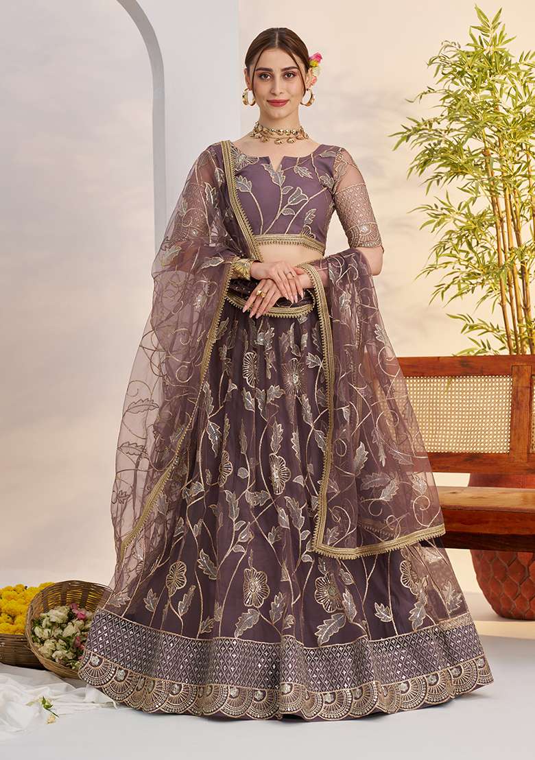 Dark Onion Net Lehenga Set with Embroidery for Diwali | Wedding & Festive Wear - Indya