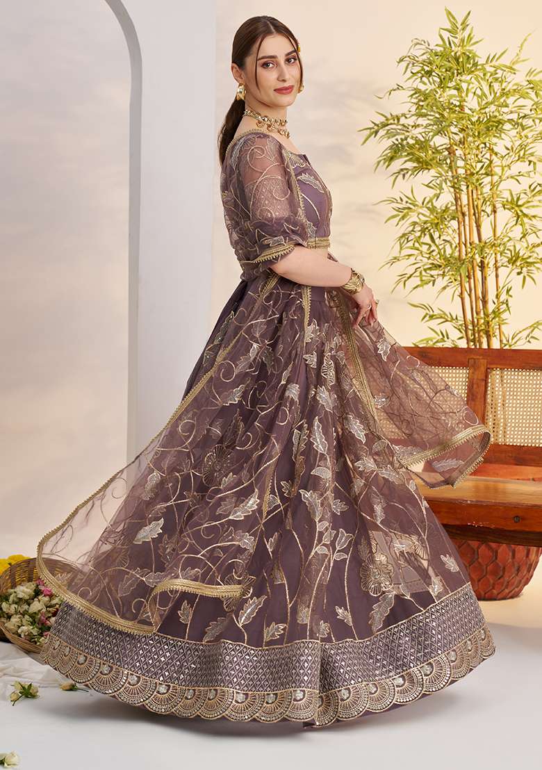 Dark Onion Net Lehenga Set with Embroidery for Diwali | Wedding & Festive Wear - Indya