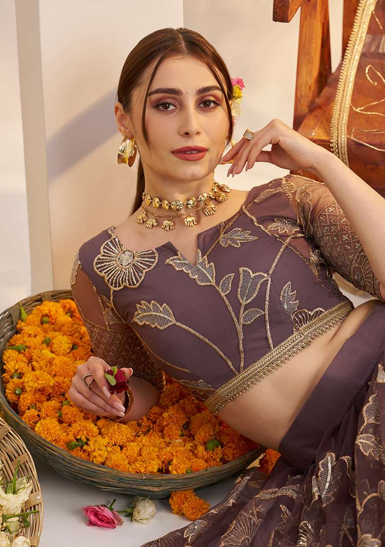Dark Onion Net Lehenga Set with Embroidery for Diwali | Wedding & Festive Wear - Indya