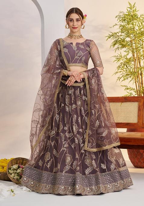 Dark Onion Embroidery Net Lehenga Set