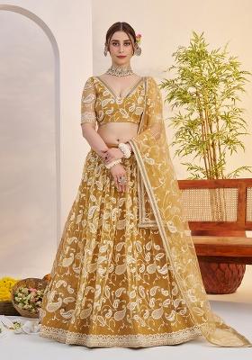 Light Golden Embroidery Net Lehenga Set
