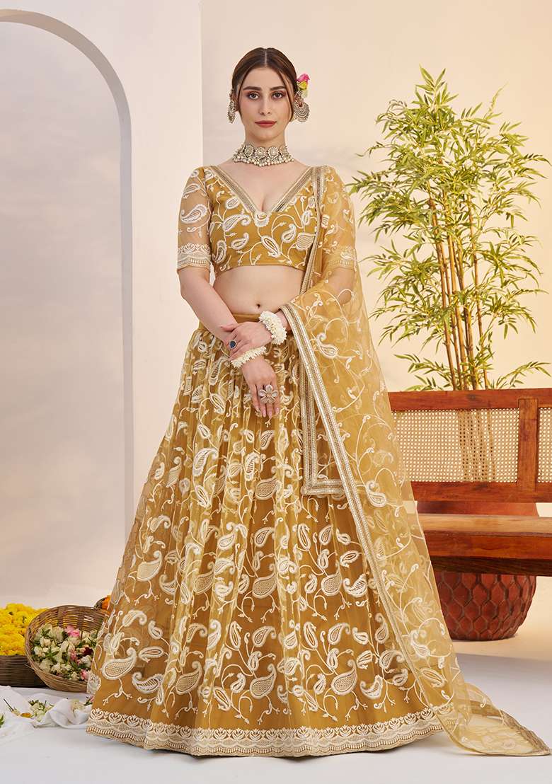 Light Golden Embroidery Net Lehenga Set for Diwali and Festive Wear - Indya
