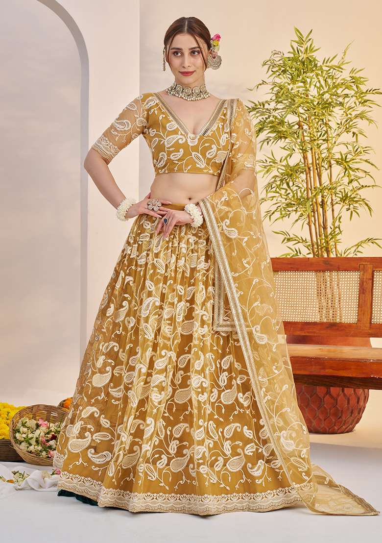 Light Golden Embroidery Net Lehenga Set for Diwali and Festive Wear - Indya