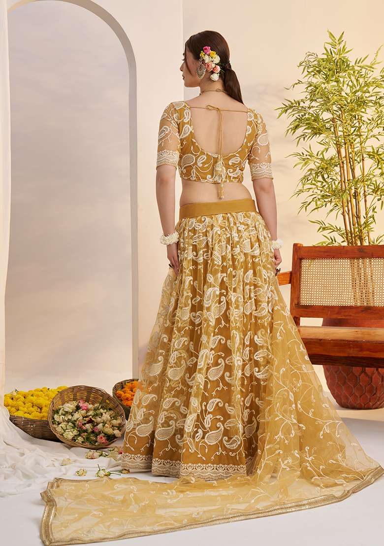 Light Golden Embroidery Net Lehenga Set for Diwali and Festive Wear - Indya