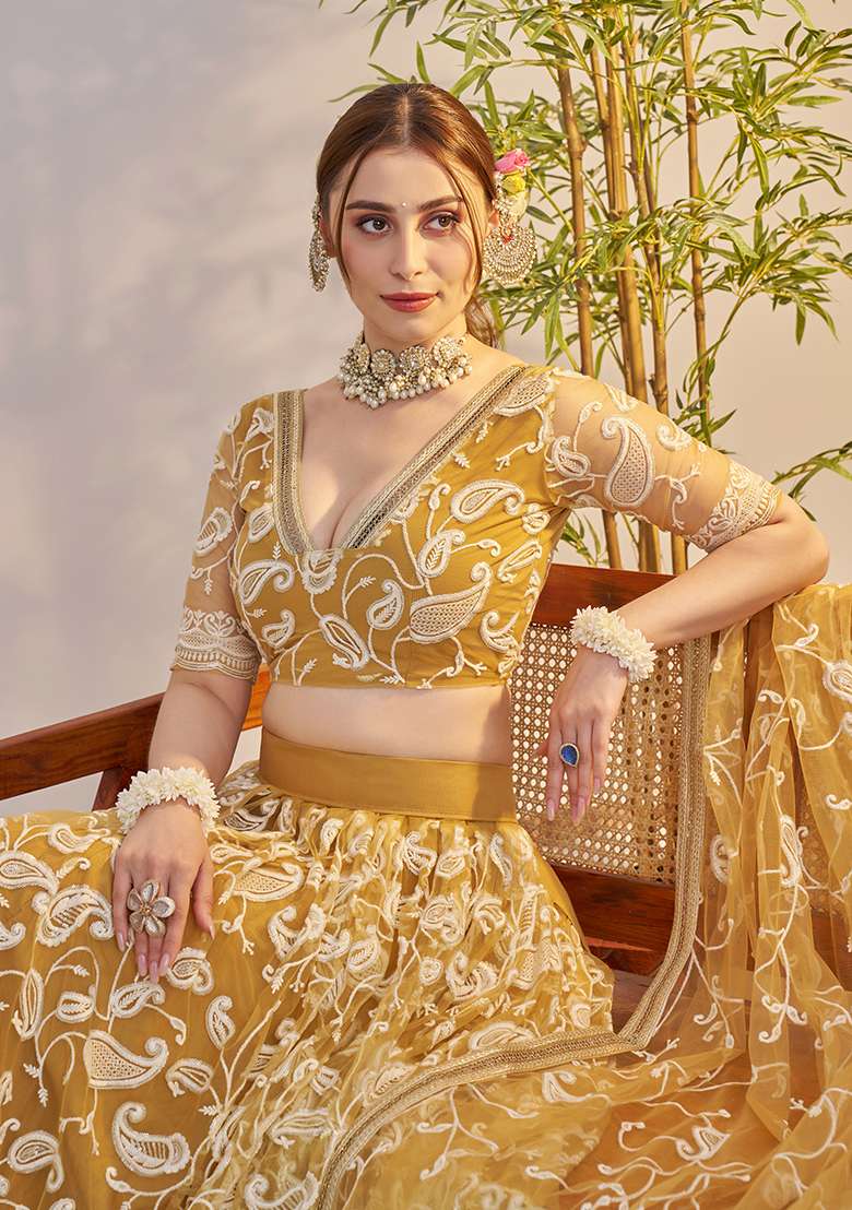 Light Golden Embroidery Net Lehenga Set for Diwali and Festive Wear - Indya