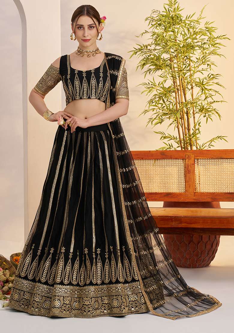 Black Net Lehenga Set with Embroidery for Diwali | Wedding & Festive Wear - Indya